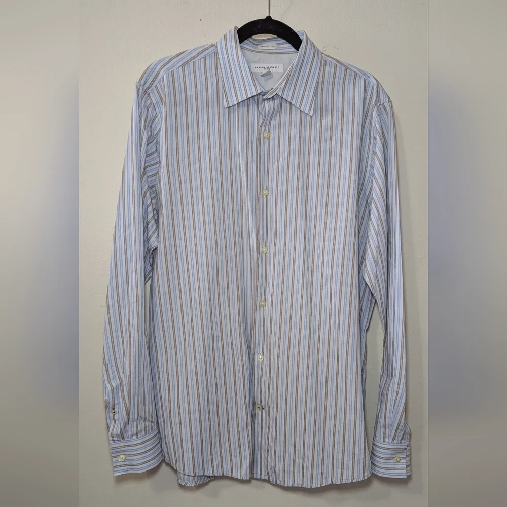 Banana Republic Slim Fit Dress Shirt Blue Brown 100% Cotton Striped Men's Size L